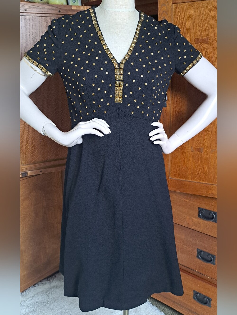 Vintage Mollie Parnis Boutique Black Gold Studded Dress 60s 70s Small